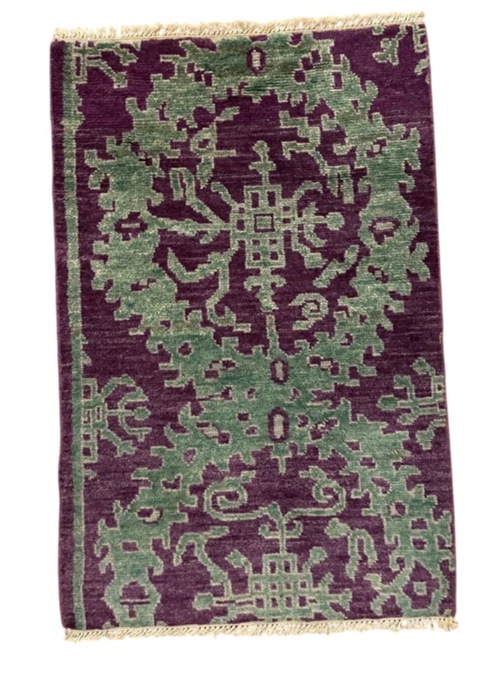 Vintage Hand Knotted Wool Oriental Rug 2x3 Purple Green Medallion Accent Rug